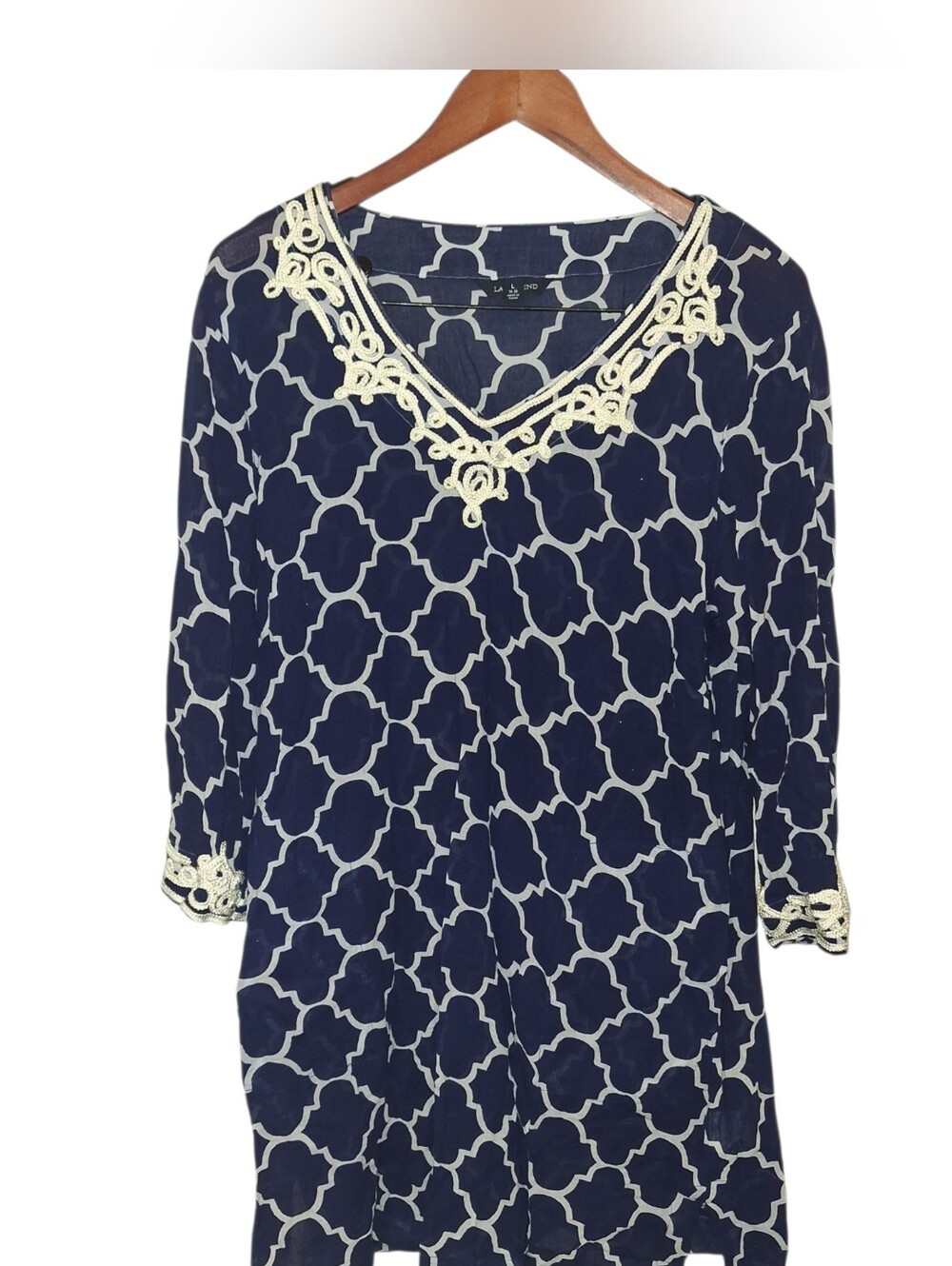 Lands End Blue Tunic Blouse White Accents Large